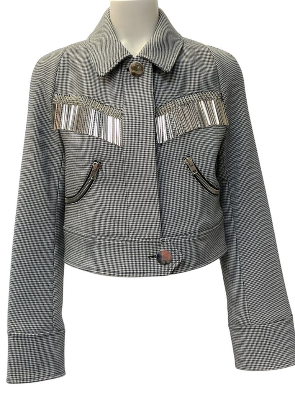 Alexander Wang Black / White Houndstooth Cropped Jacket with Metal Fringe&nbsp;